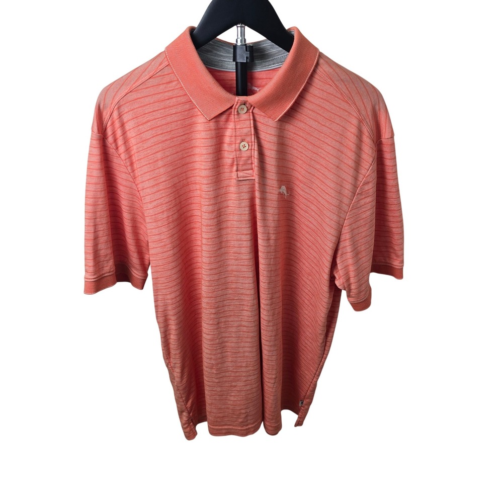Tommy Bahama Polo Shirt Mens Large Coral Orange Striped Short Sleeve Cotton - Picture 4 of 13